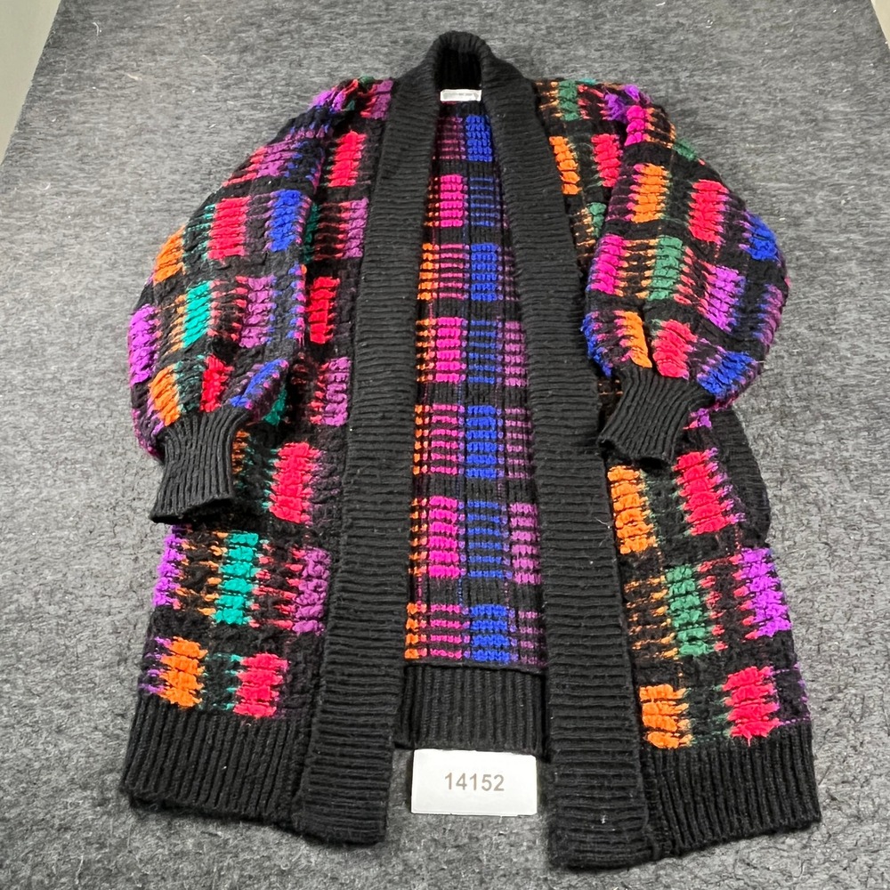 Vintage Yarnworks Cardigan Sweater Womens Small Black Multi Printed Knit Retro